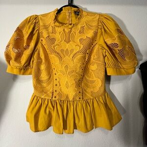 Express Mustard Lace Puff Sleeve Blouse